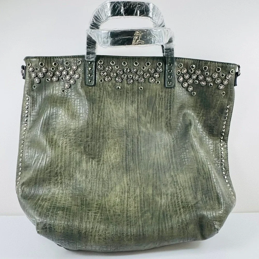 Unique Large Olive Green Distressed Faux Leather Studded Tote Crossbody BOHO